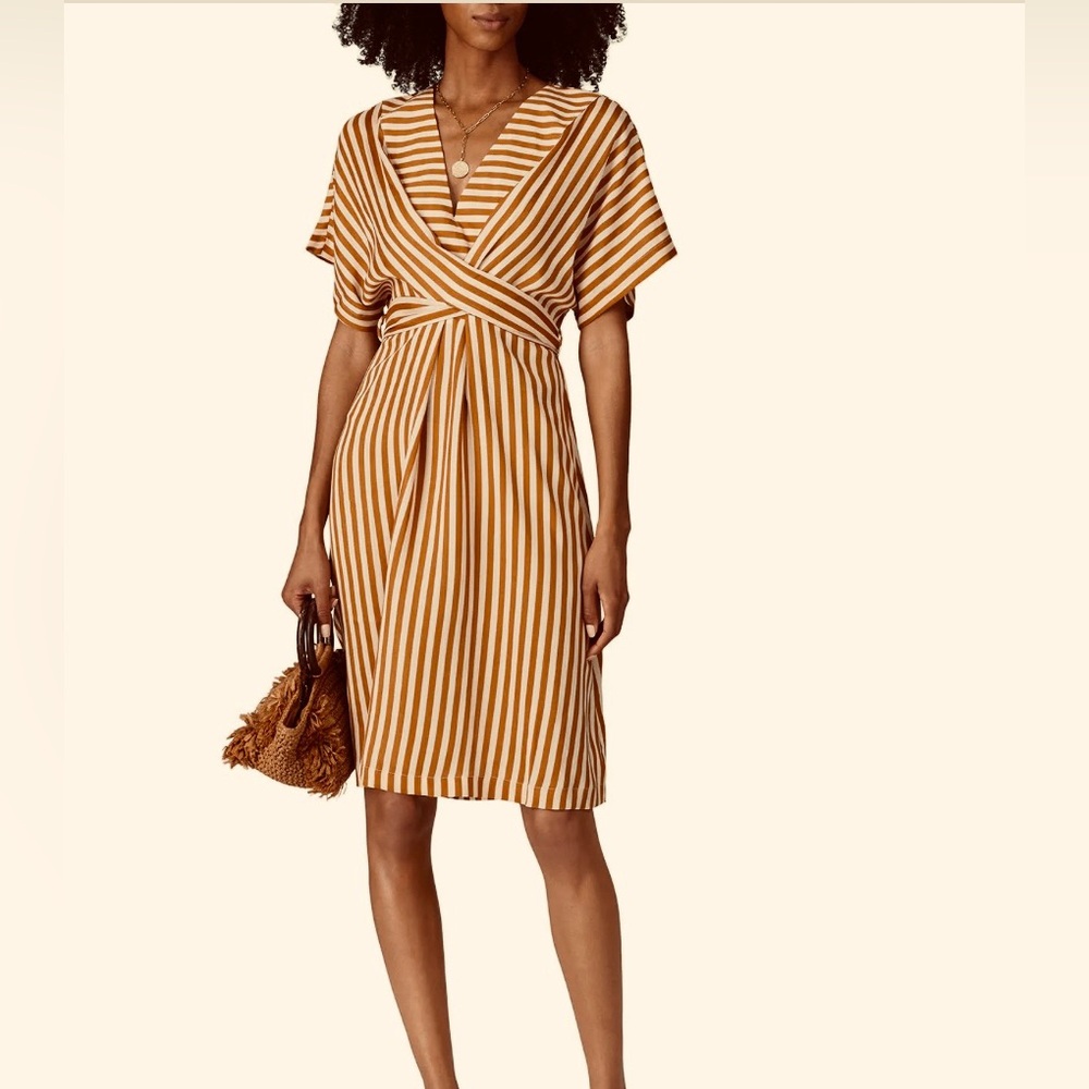Moon‎ River Mustard Yellow & White Striped Dress Size Large New Without Tags